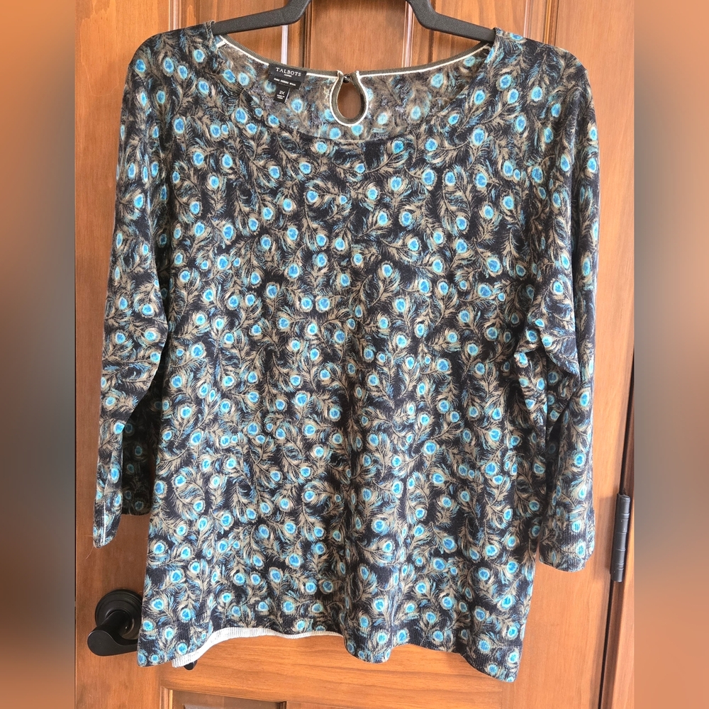 Talbots Blue and Black Feather Pattern Top - Picture 2 of 4